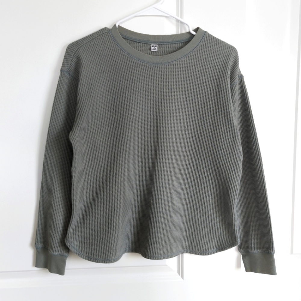 Uniqlo Waffle Crew Neck Women's Long Sleeve - Neutral Green